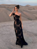 Black Jacquard Floral Asymmetrical Long Dress
