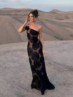 Black Jacquard Floral Asymmetrical Long Dress