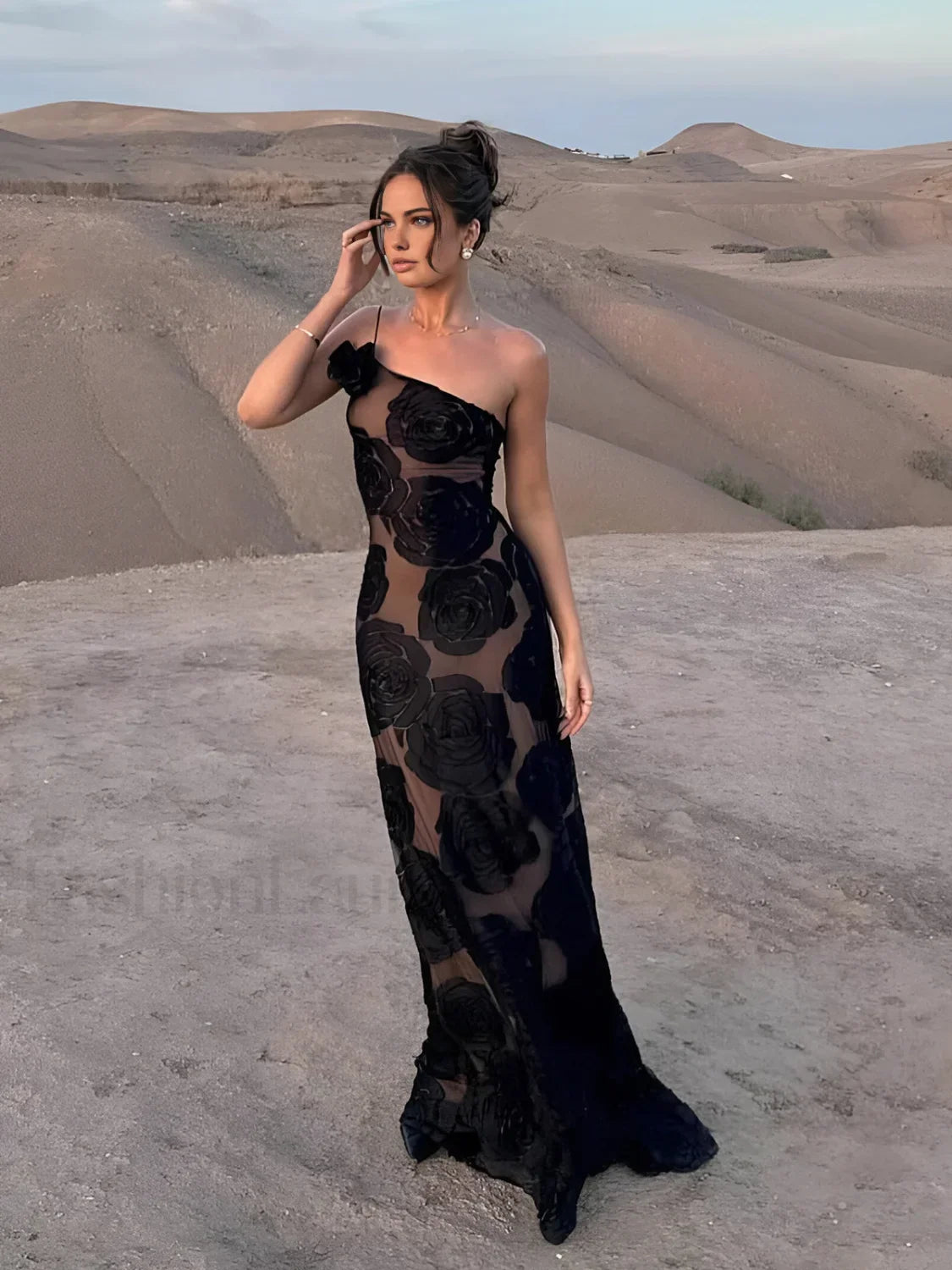 Black Jacquard Floral Asymmetrical Long Dress