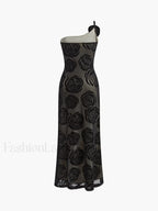 Black Jacquard Floral Asymmetrical Long Dress