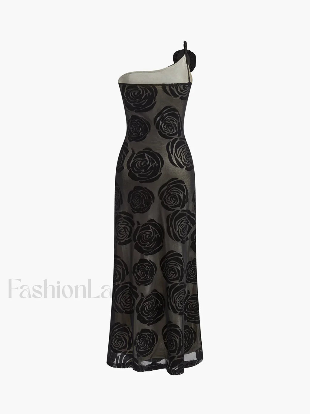 Black Jacquard Floral Asymmetrical Long Dress