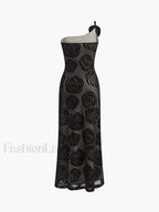 Black Jacquard Floral Asymmetrical Long Dress