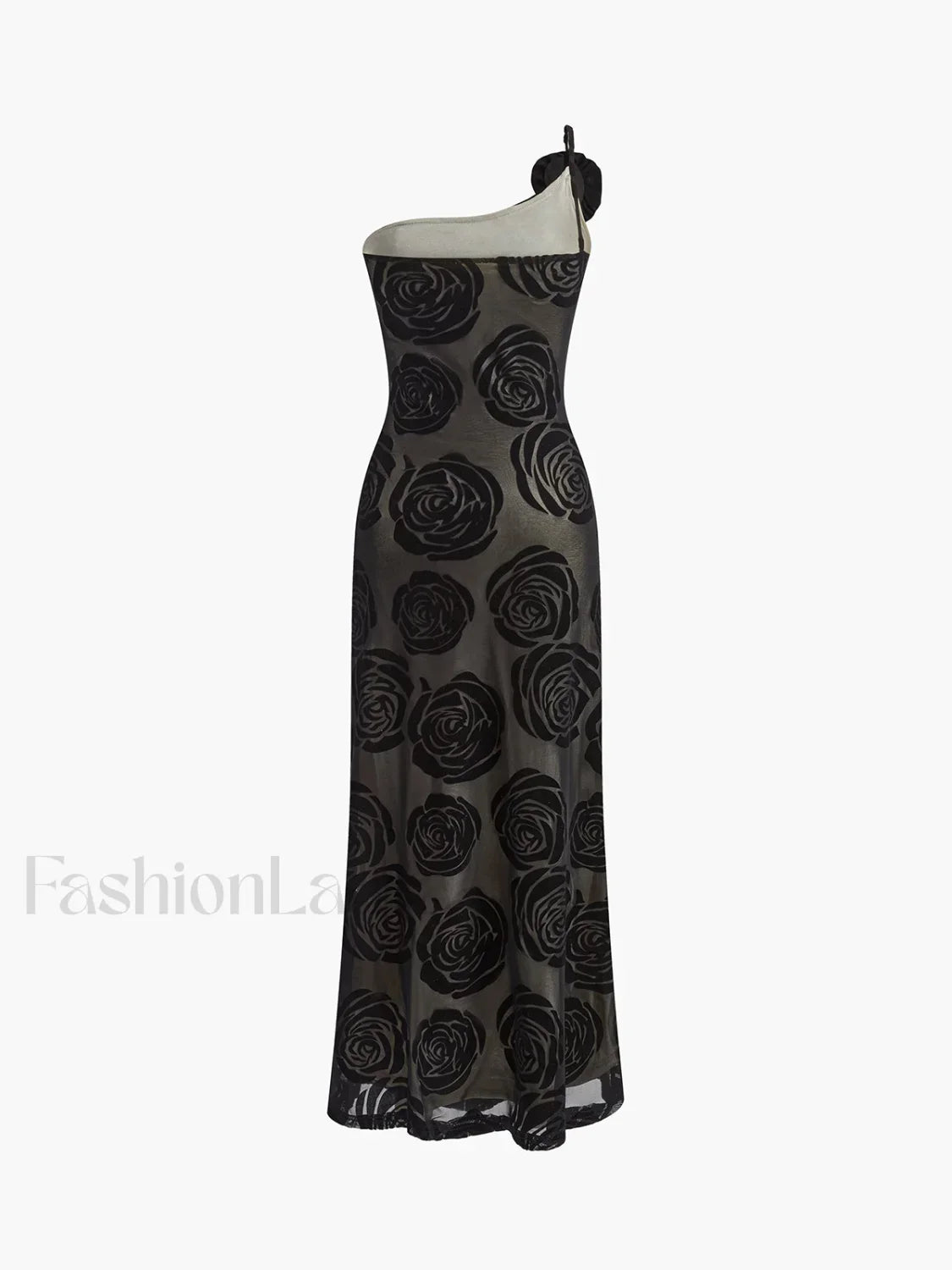Black Jacquard Floral Asymmetrical Long Dress