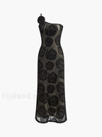 Black Jacquard Floral Asymmetrical Long Dress