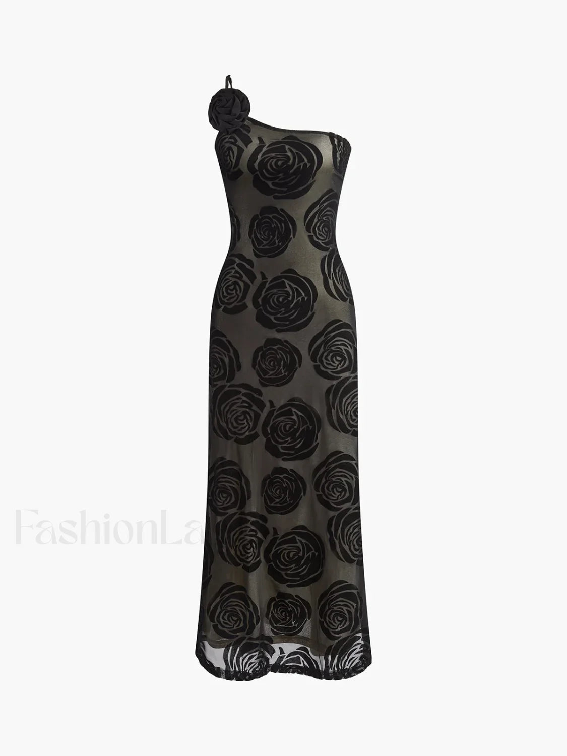 Black Jacquard Floral Asymmetrical Long Dress