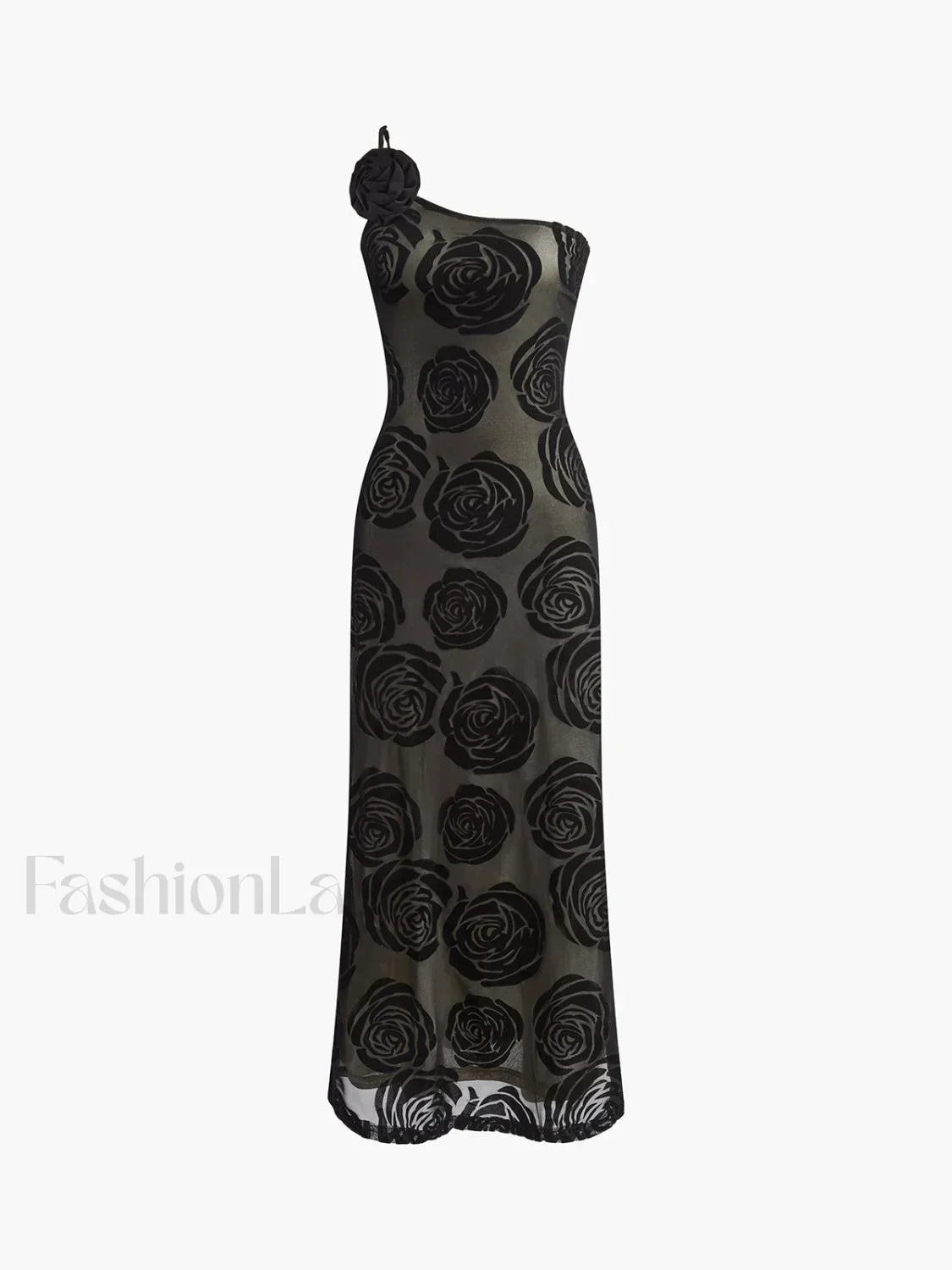 Black Jacquard Floral Asymmetrical Long Dress