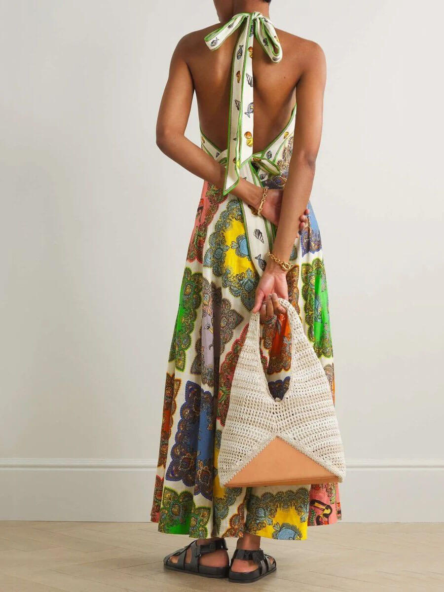 Patchwork Paisley Print Halter Neck A-Line Maxi Dress