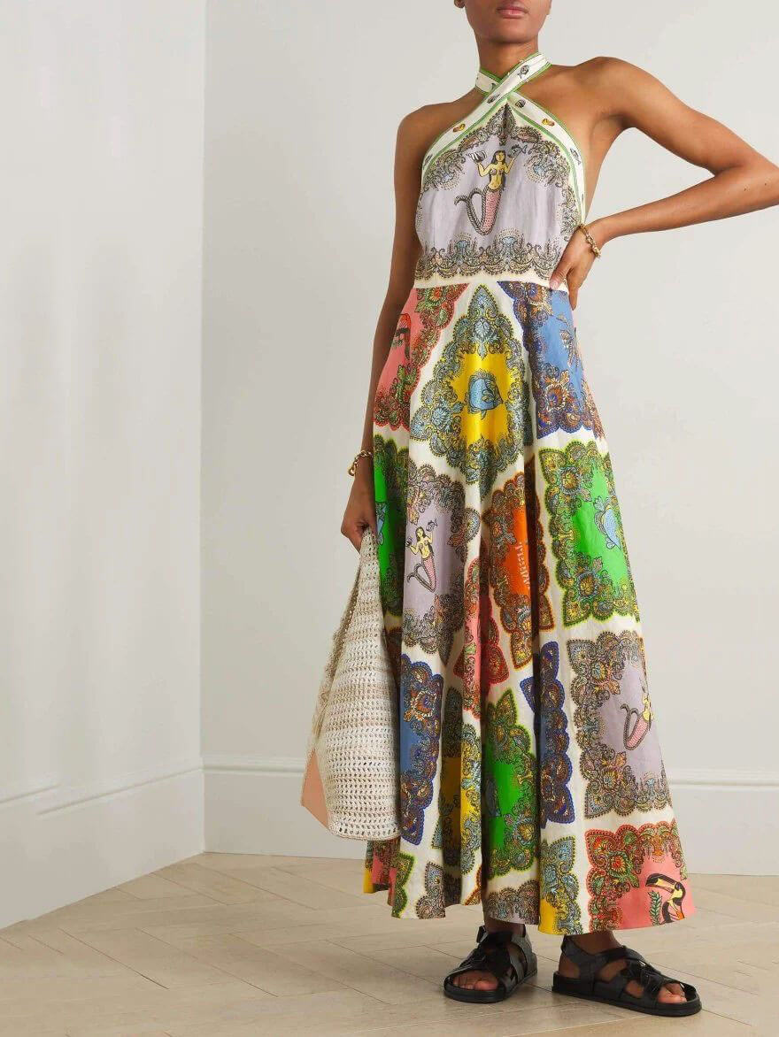 Patchwork Paisley Print Halter Neck A-Line Maxi Dress
