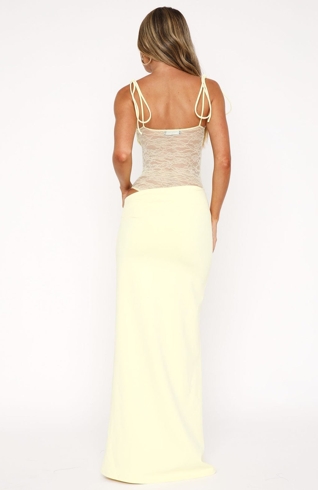 Tie Shoulder Strap Floral Lace Sheer Waist Bandeau Maxi Gown