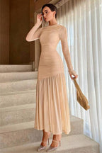 Irene Aesthetic Long Sleeved Pleated Mesh Maxi Dress Evening Wear Edit
