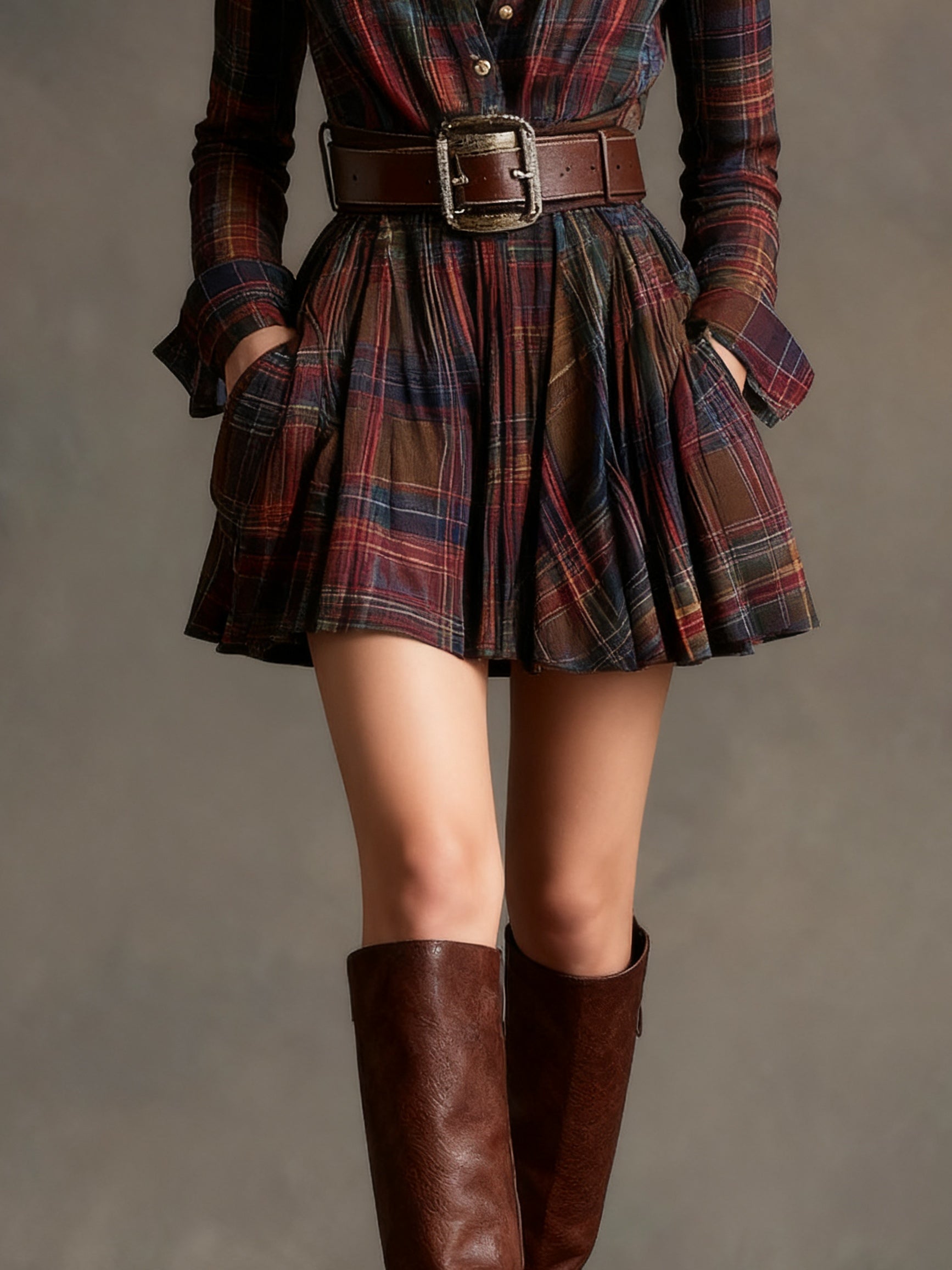 | Plaid Mini Dress with Belt