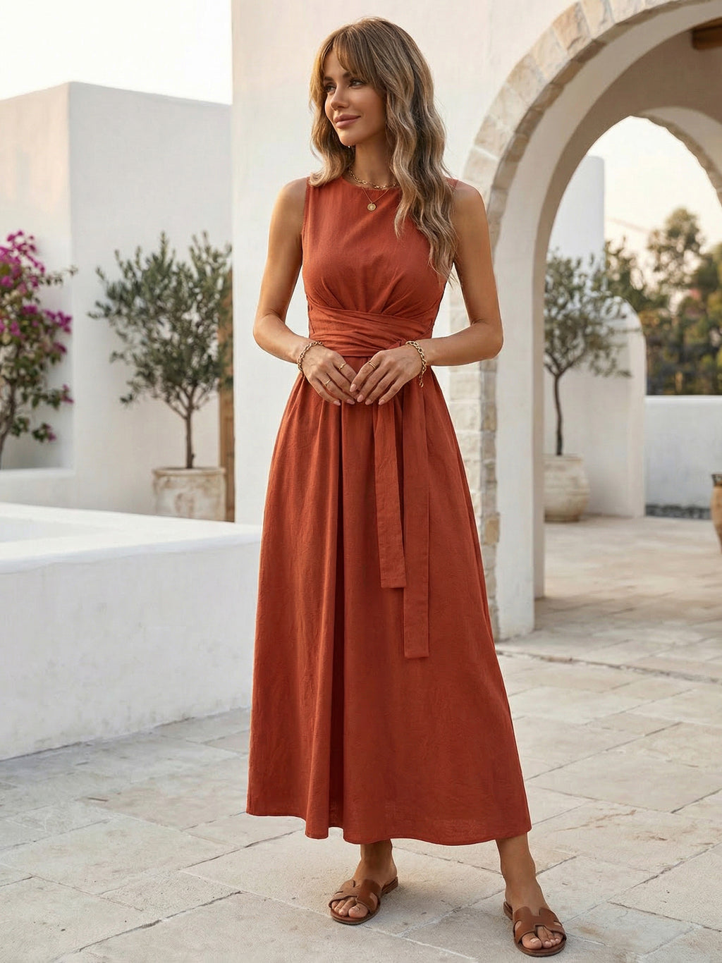 Sleeveless Tie Waist Maxi Dress For Women - Casual Solid Color A Line Sun Dress With Pockets - Summer Beach Vacation 2026