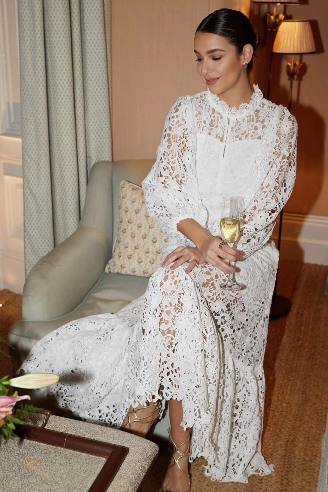 Florencia Premium Flared Maxi Dress with Embroidered Lace Evening Wear Edit