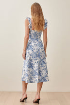 Xara Premium Printed Midi Dress with Ruffle Straps and Slit Evening Wear Edit