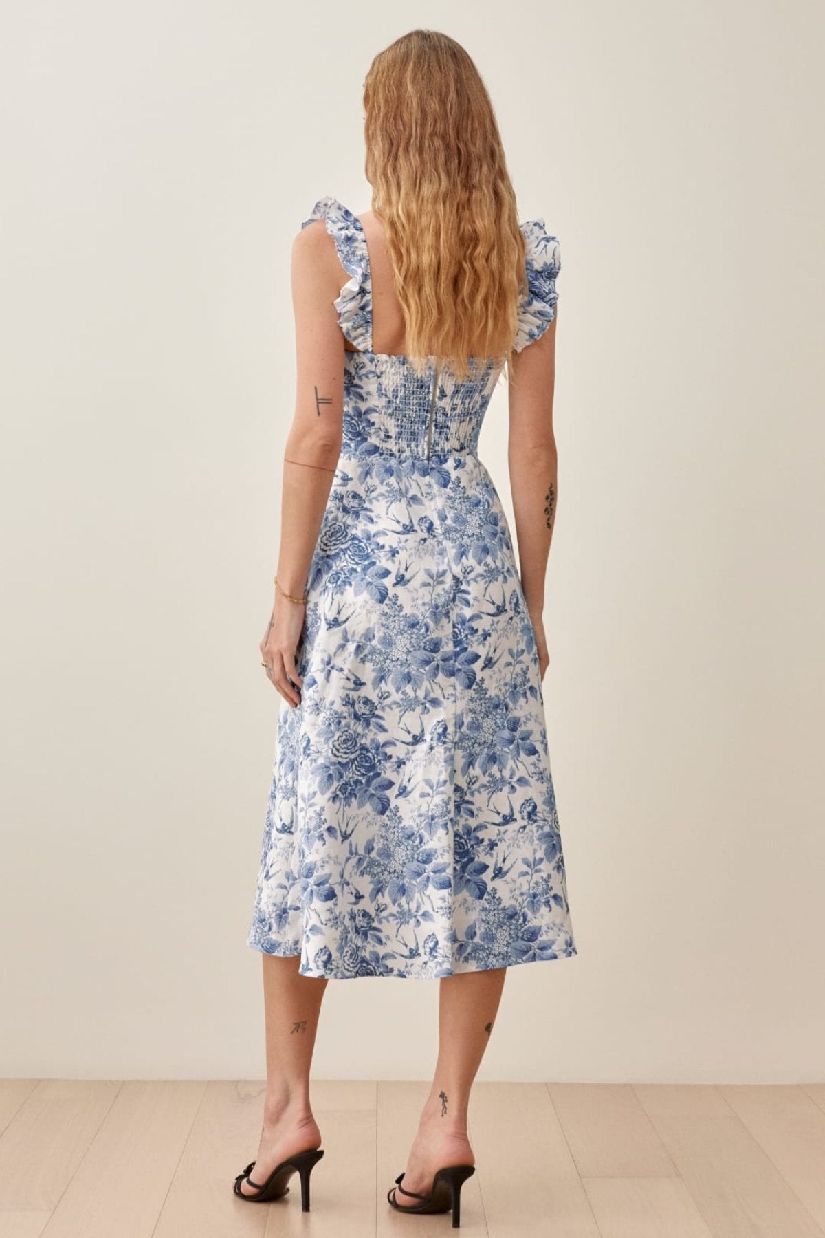 Xara Premium Printed Midi Dress with Ruffle Straps and Slit Evening Wear Edit