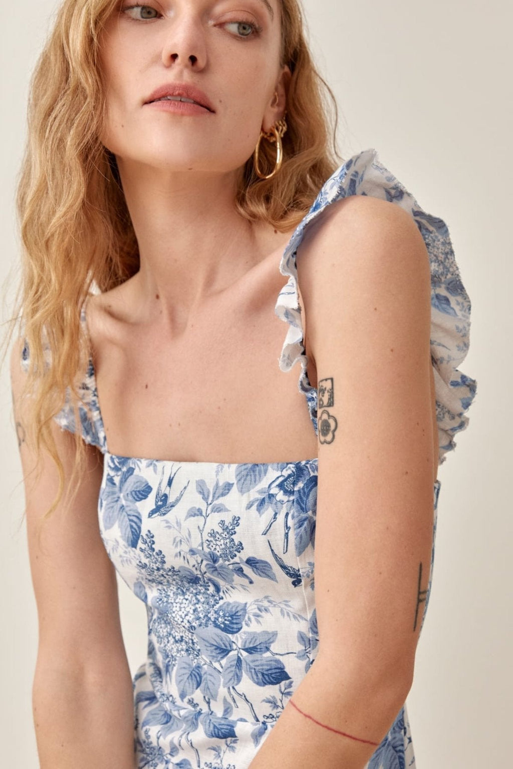 Xara Premium Printed Midi Dress with Ruffle Straps and Slit Evening Wear Edit