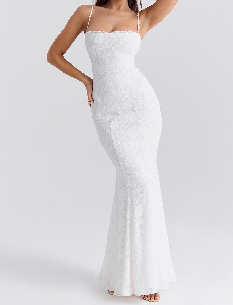 Floral Jacquard Ruffle Square Neck Spaghetti Strap Mermaid Maxi Gown