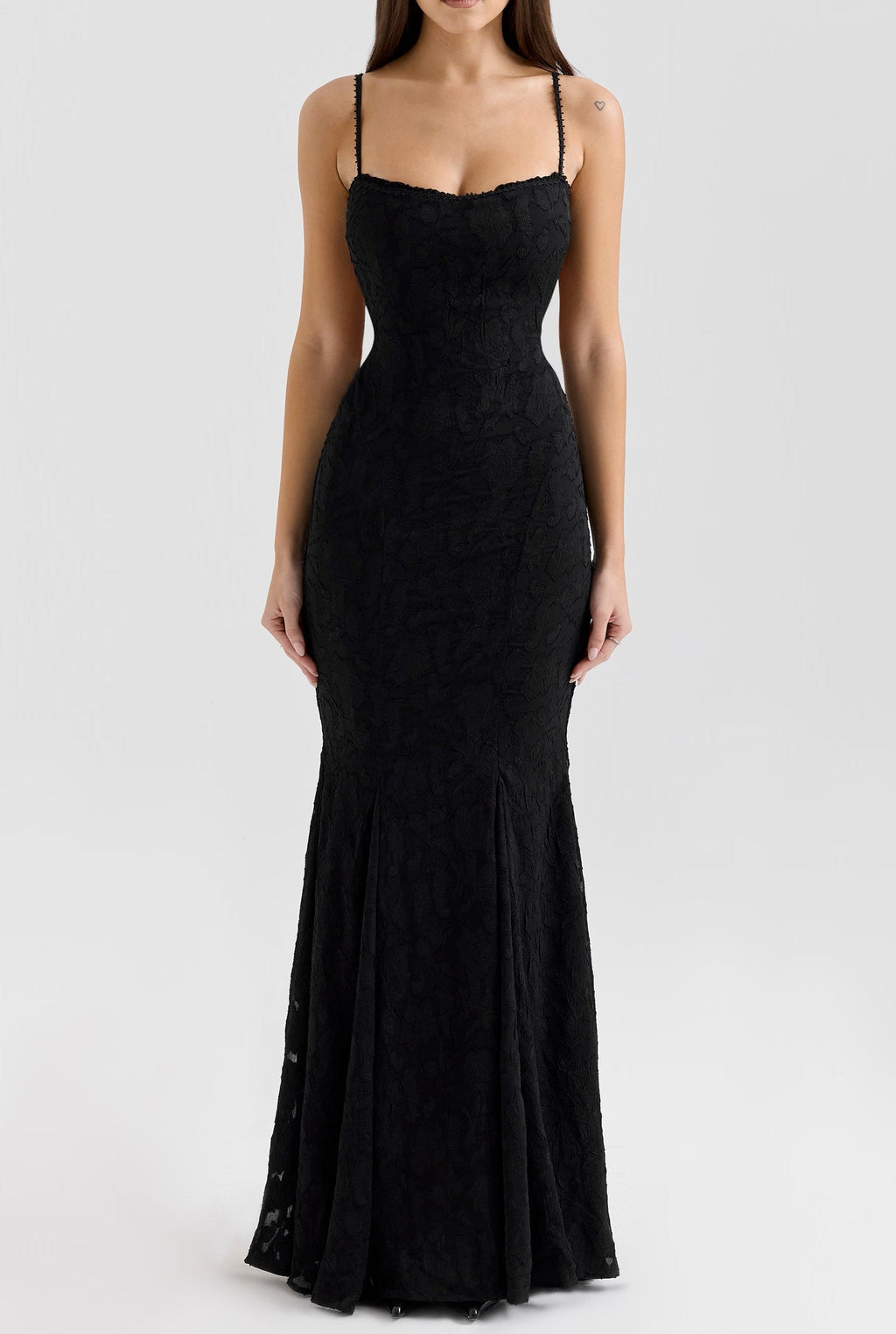 Floral Jacquard Ruffle Square Neck Spaghetti Strap Mermaid Maxi Gown