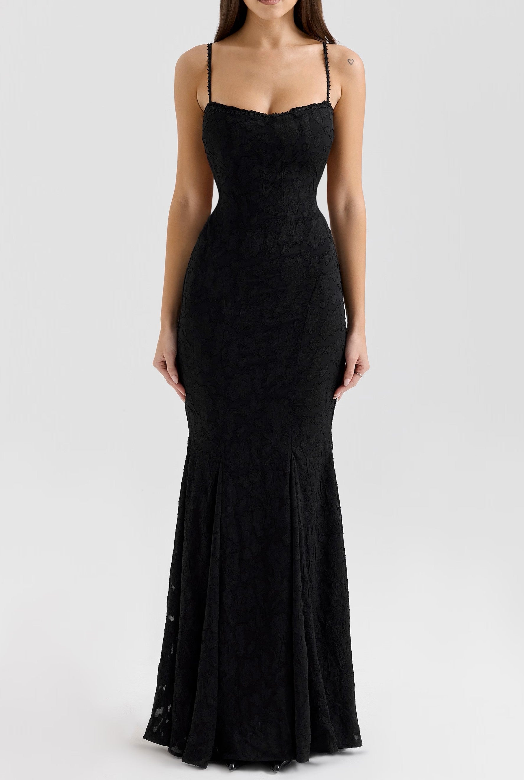 Floral Jacquard Ruffle Square Neck Spaghetti Strap Mermaid Maxi Gown