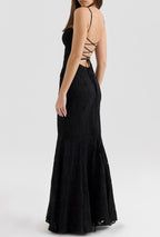 Floral Jacquard Ruffle Square Neck Spaghetti Strap Mermaid Maxi Gown