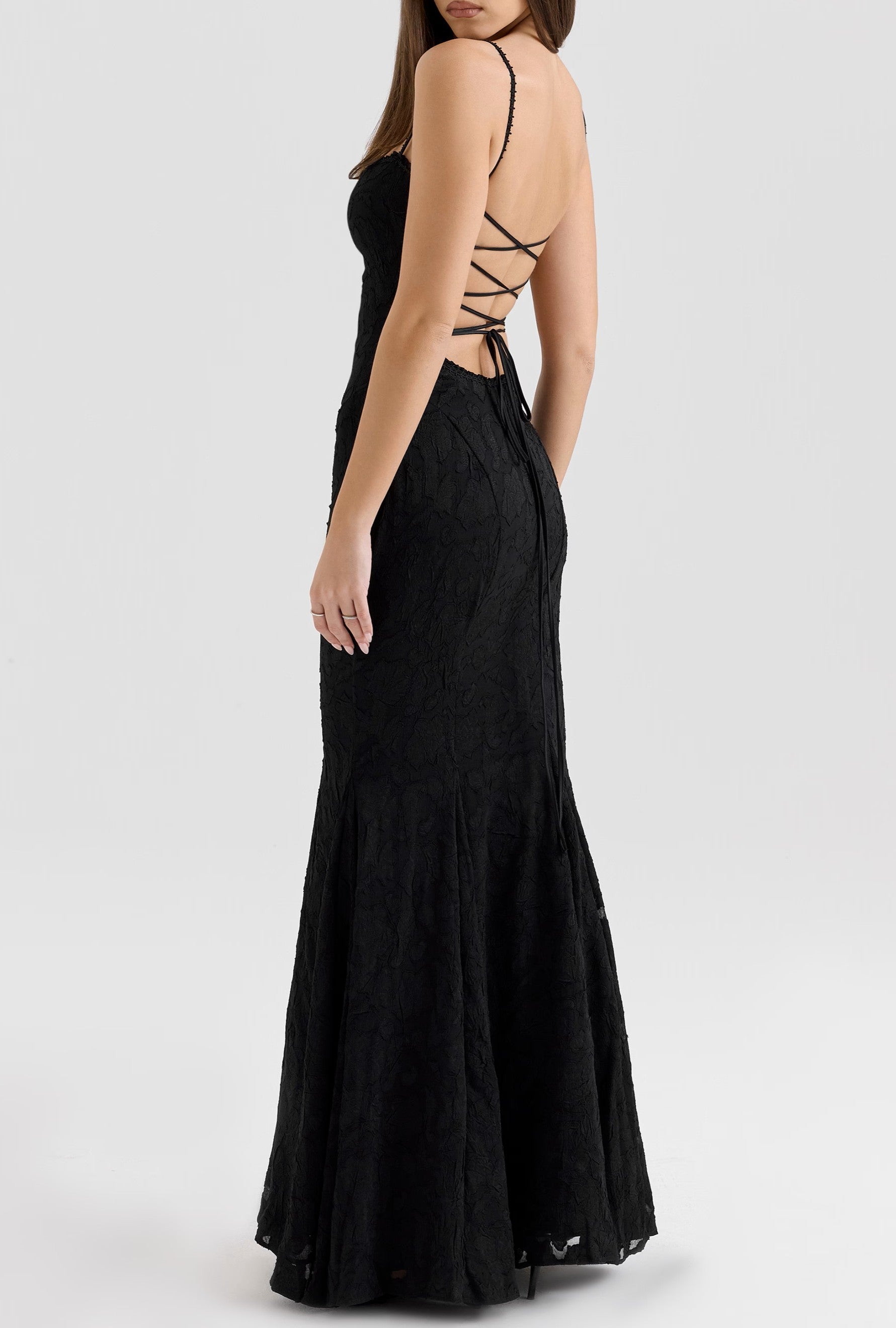 Floral Jacquard Ruffle Square Neck Spaghetti Strap Mermaid Maxi Gown