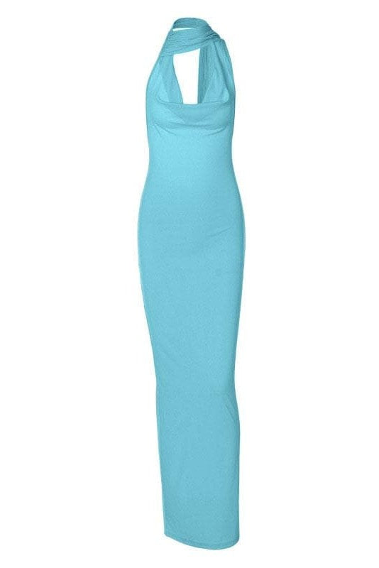 Halter Choker Cowl Neck Rib Knit Backless Bodycon Maxi Dress