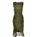 Ruched solid sleeveless ruffle zip-up backless midi dress