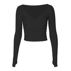Ruched long sleeve gloves v neck solid crop top