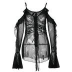 Long flared sleeve Off shoulder sheer mesh ruffle mini dress  | Festival Outfits Women