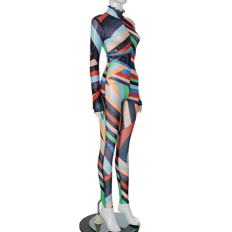 High neck long sleeve ruffle sheer mesh print jumpsuit  | Festival Outfits Women