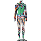 High neck long sleeve ruffle sheer mesh print jumpsuit  | Festival Outfits Women