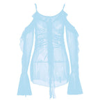 Long flared sleeve Off shoulder sheer mesh ruffle mini dress  | Festival Outfits Women