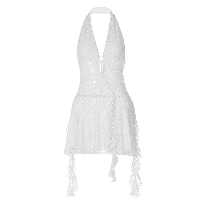 Halter v neck backless lace self tie hollow out cut out mini dress