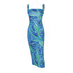 Sleeveless contrast print slit backless self tie hollow out midi dress