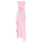Ruched high slit satin round neck backless maxi dress  | Festival Outfits Women