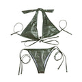 Metallic solid halter self tie o ring backless bikini swimwear