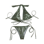 Metallic solid halter self tie o ring backless bikini swimwear