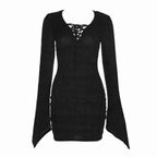 Long sleeve solid knitted hollow out self tie mini dress