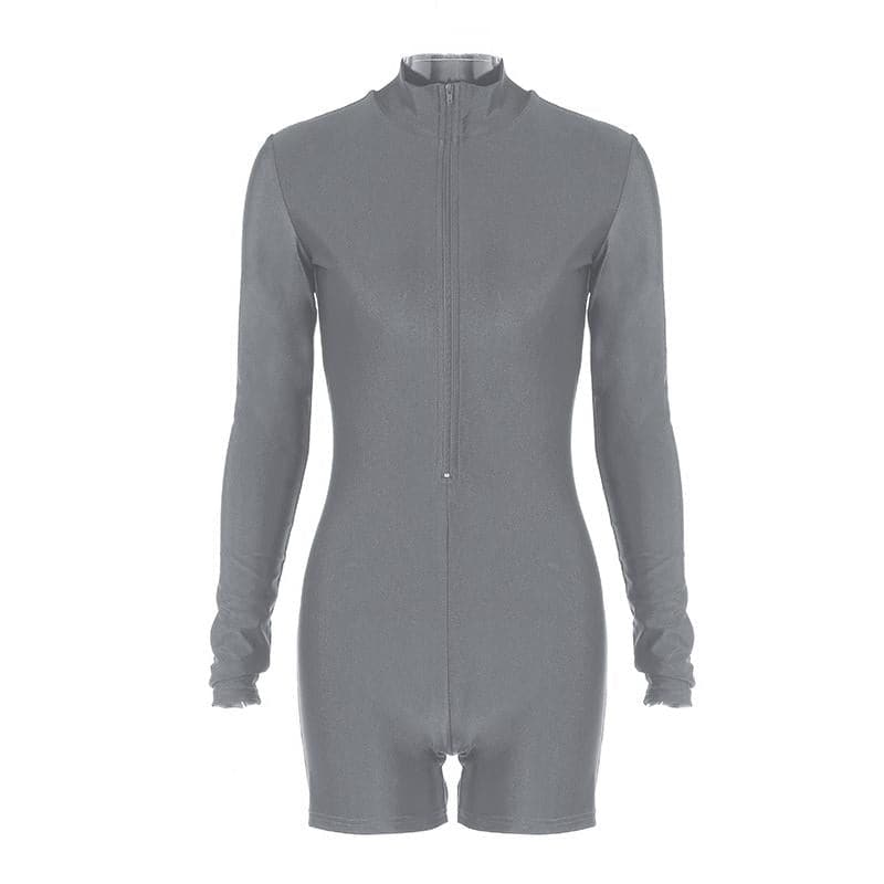 Zip-up solid long sleeve high neck romper  | Festival Outfits Women