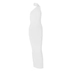 Ruched contrast backless one shoulder ribbon 2-way maxi dress