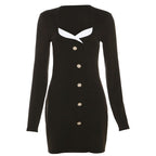 Long sleeve v neck button patchwork contrast mini dress