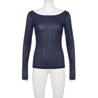 Round neck hollow out backless long sleeve solid cut out top