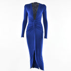 Long sleeve v neck solid ruched slit midi dress