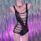 Hollow out metal chain o ring skull applique bodysuit  | Festival Outfits Women