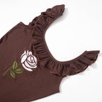 Ribbed cap sleeve flower embroidery ruffle mini dress
