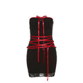 Lace up contrast lace hem bowknot backless tube mini dress