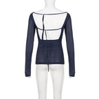 Round neck hollow out backless long sleeve solid cut out top