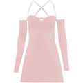 Lace up solid cross back off shoulder long sleeve mini dress