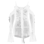 Long flared sleeve Off shoulder sheer mesh ruffle mini dress  | Festival Outfits Women