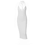 Sleeveless solid hollow out slit self tie backless midi dress